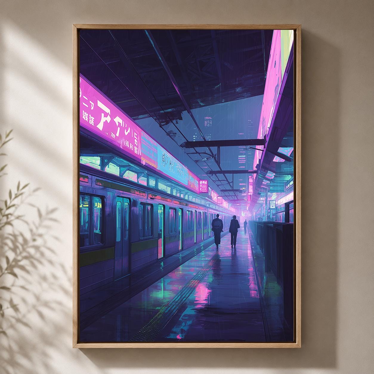 Cyberpunk Train Station Neon Japanese City Vaporwave Urban Framed Canvas by The Wall Art Studio - physical