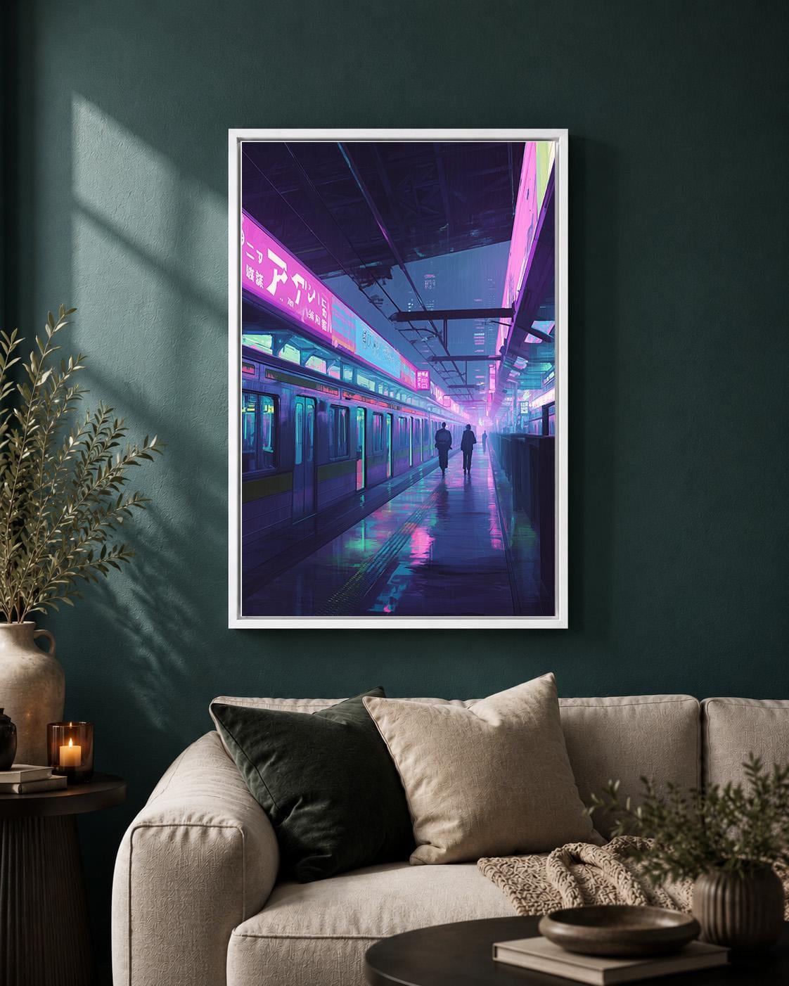 Cyberpunk Train Station Neon Japanese City Vaporwave Urban Framed Canvas by The Wall Art Studio - physical