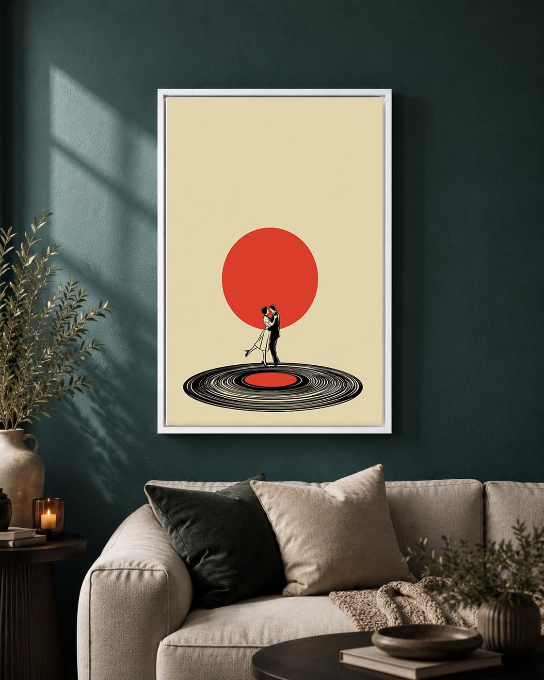 Retro Couple Vinyl Record Dance Mid Century Romantic Framed Canvas by The Wall Art Studio - physical