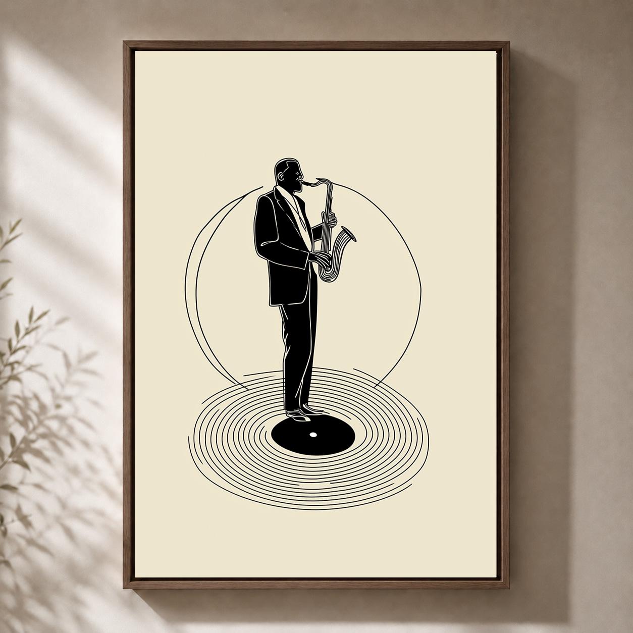 Jazz Saxophone Vinyl Record Retro Music Sax Player Framed Canvas by The Wall Art Studio - physical
