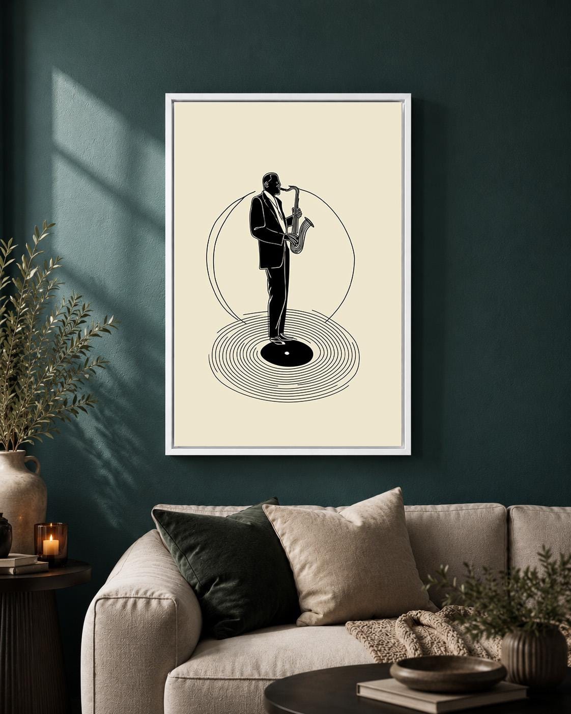 Jazz Saxophone Vinyl Record Retro Music Sax Player Framed Canvas by The Wall Art Studio - physical