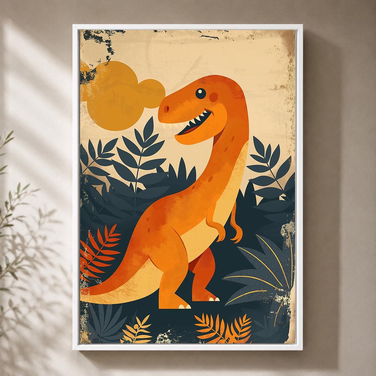 Orange T Rex Dinosaur Prehistoric Kids Nursery Framed Canvas by The Wall Art Studio - physical