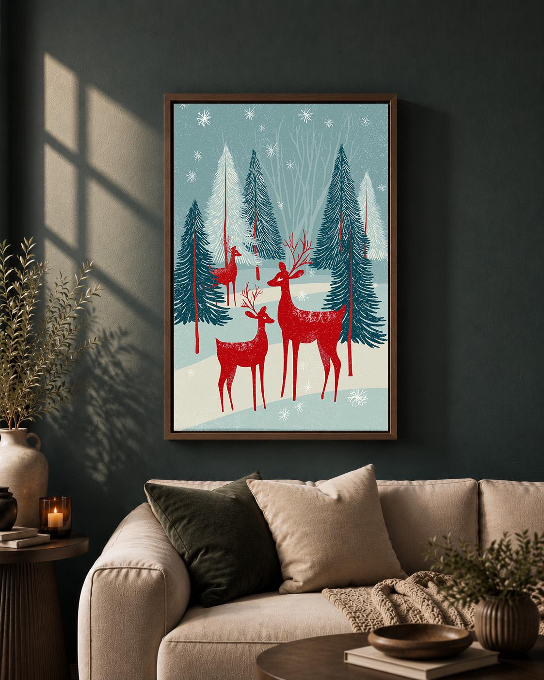 Vintage Christmas Reindeer Forest Scandinavian Winter Woodland Framed Canvas by The Wall Art Studio - physical