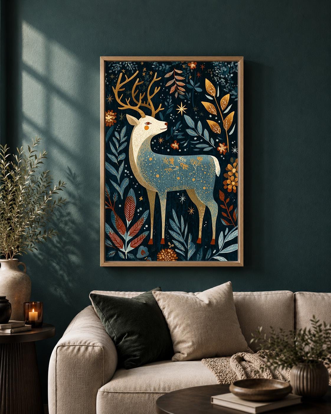 Folk Art Reindeer Scandinavian Christmas Festive Framed Canvas by The Wall Art Studio - physical
