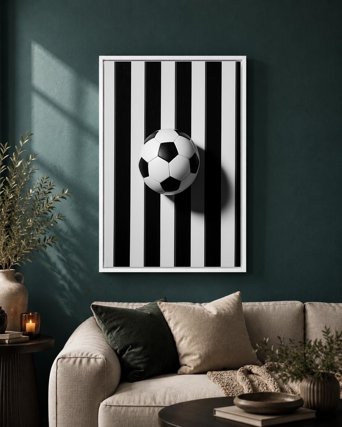 Black and White Striped Football Soccer Framed Canvas by The Wall Art Studio - physical