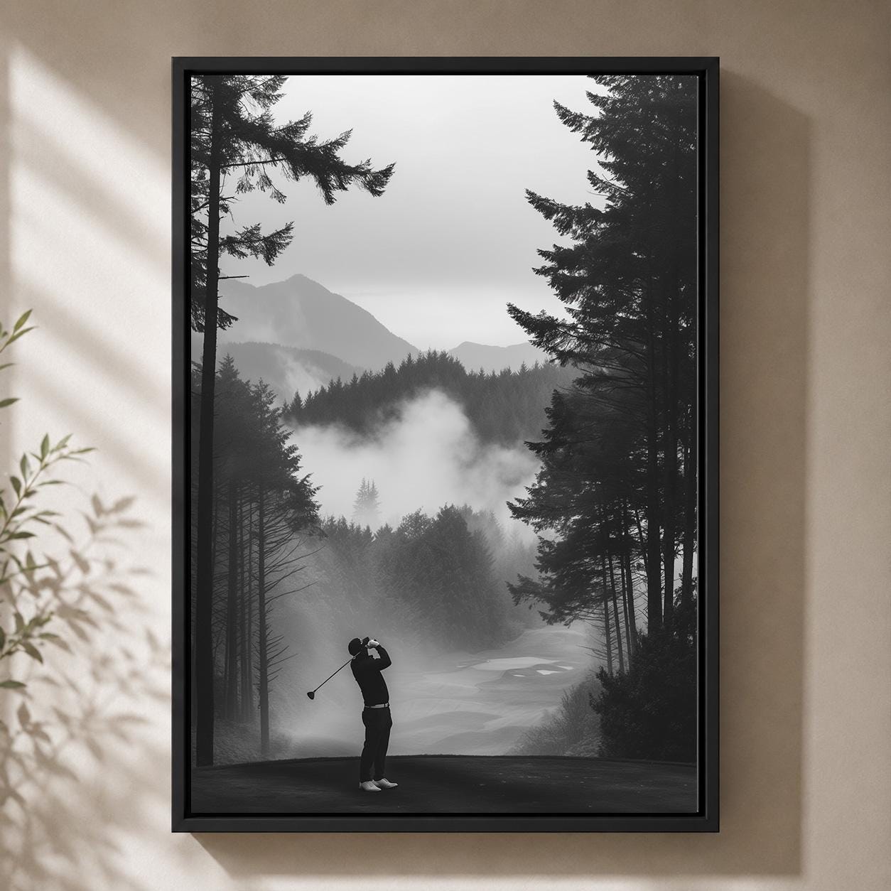 Misty Forest Golf Course Black and White Golfer Framed Canvas by The Wall Art Studio - physical