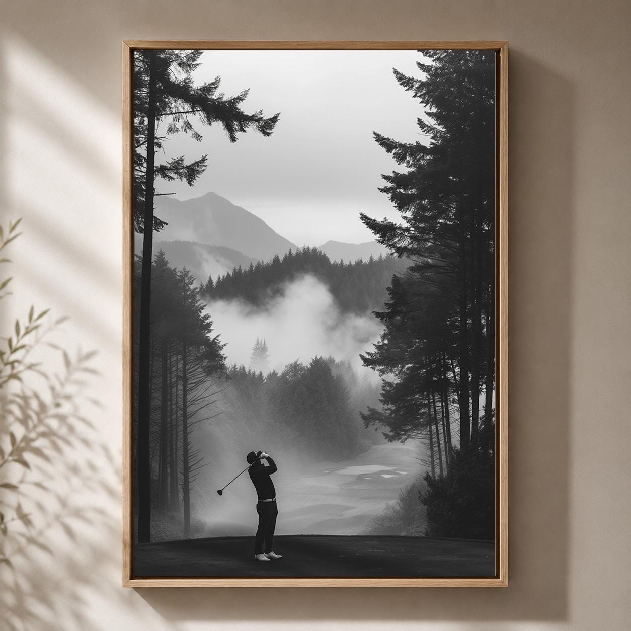 Misty Forest Golf Course Black and White Golfer Framed Canvas by The Wall Art Studio - physical