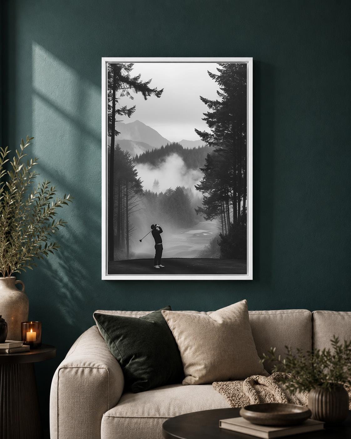 Misty Forest Golf Course Black and White Golfer Framed Canvas by The Wall Art Studio - physical