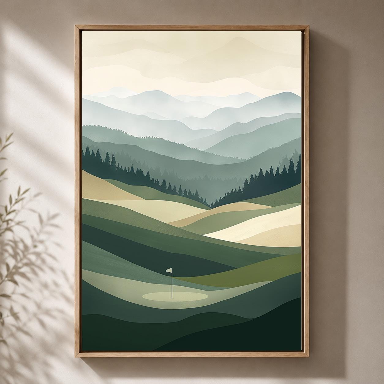 Golf Course Landscape Minimalist Green Mountain Framed Canvas by The Wall Art Studio - physical