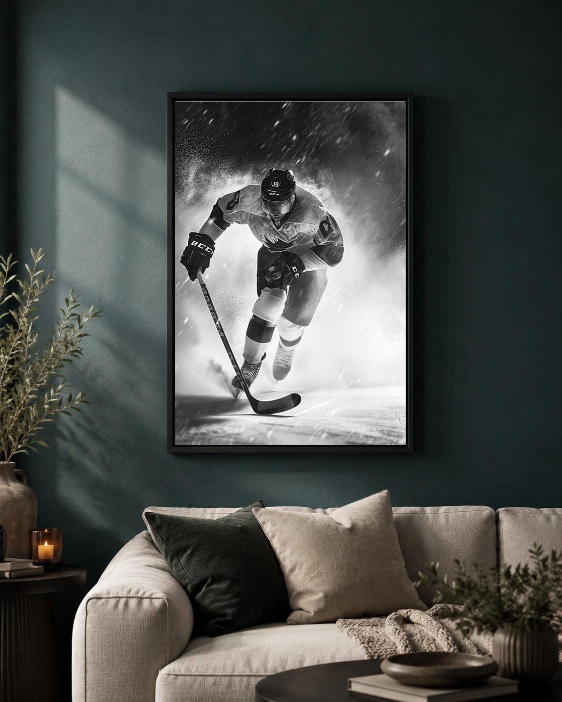 Black and White Hockey Player Action Sports Framed Canvas by The Wall Art Studio - physical