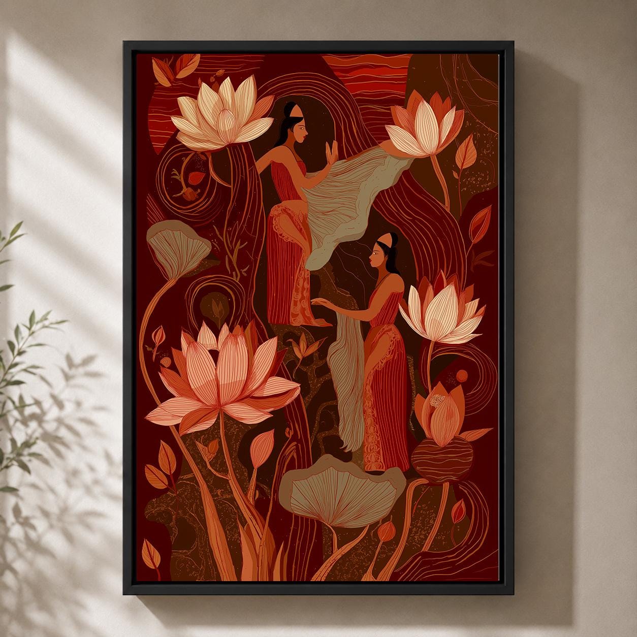 Indian InspiredLotus Flower Women Terracotta Boho Framed Canvas by The Wall Art Studio - physical