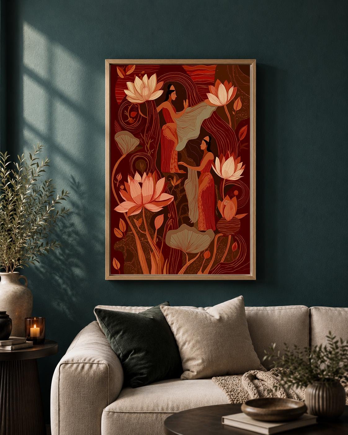 Indian InspiredLotus Flower Women Terracotta Boho Framed Canvas by The Wall Art Studio - physical