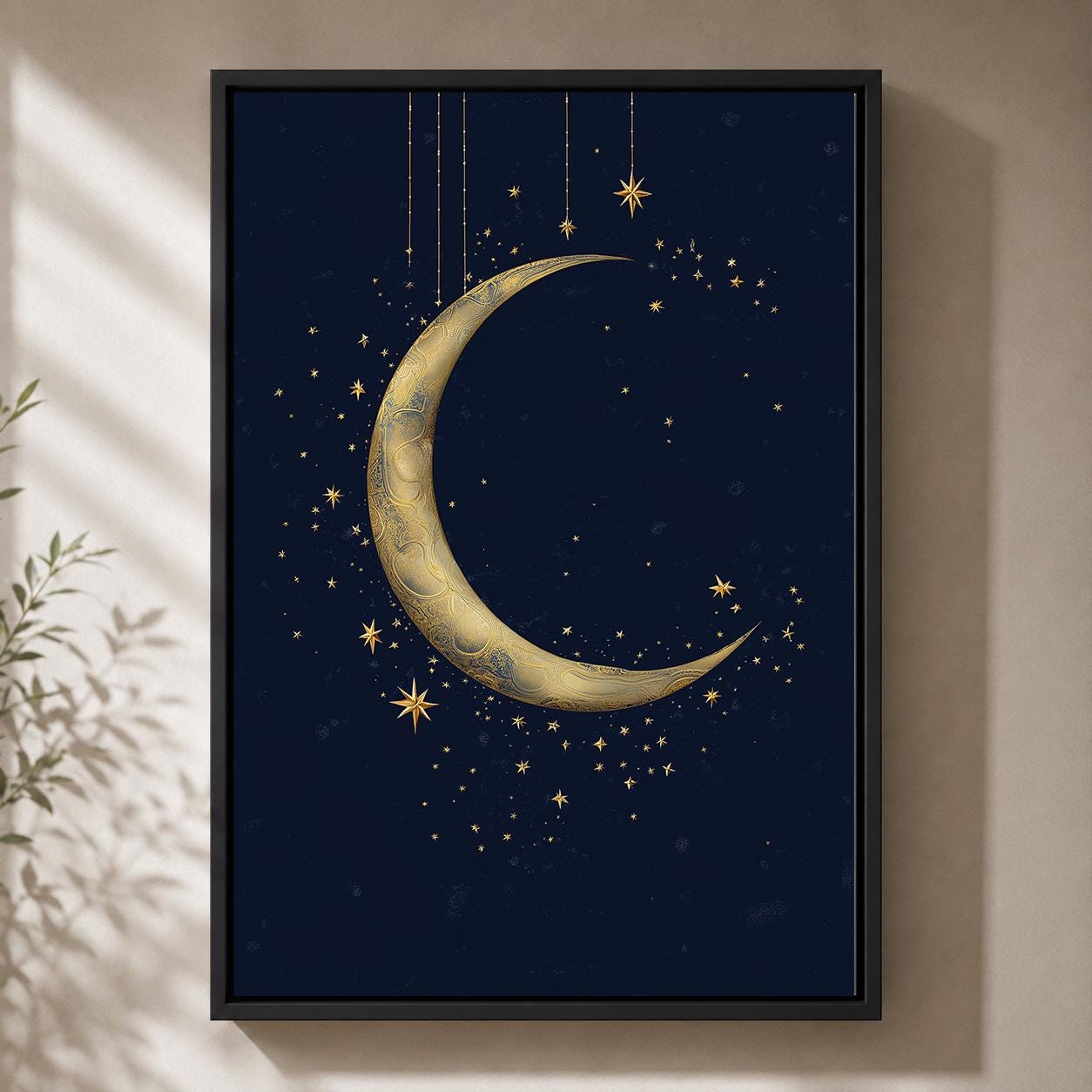 Gold Crescent Moon Celestial Navy Blue Stars Islamic Spiritual Framed Canvas by The Wall Art Studio - physical