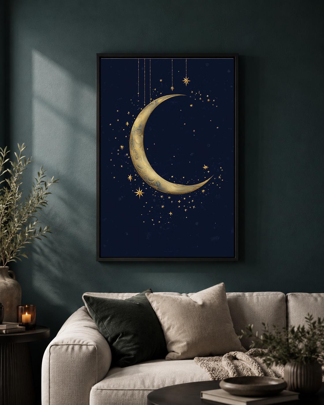 Gold Crescent Moon Celestial Navy Blue Stars Islamic Spiritual Framed Canvas by The Wall Art Studio - physical