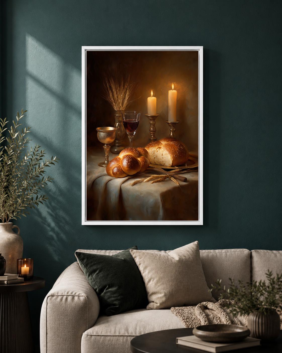 Jewish Shabbat Challah Bread Sabbath Candle Still Life Framed Canvas by The Wall Art Studio - physical