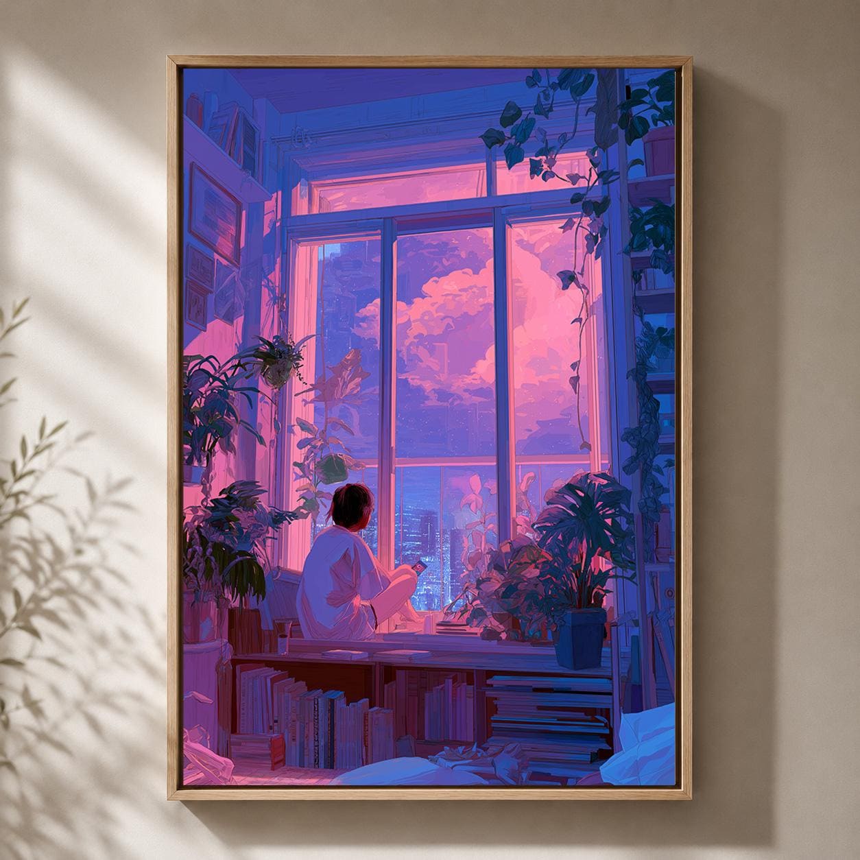 Lo-Fi Vaporwave Anime Inspired Neon City Window Framed Canvas by The Wall Art Studio - physical