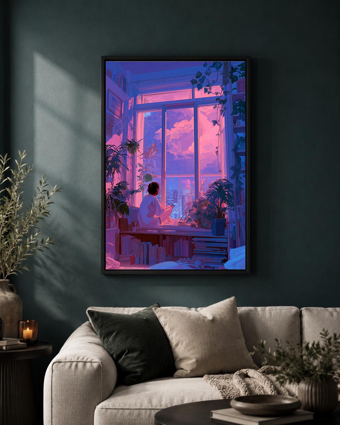 Lo-Fi Vaporwave Anime Inspired Neon City Window Framed Canvas by The Wall Art Studio - physical