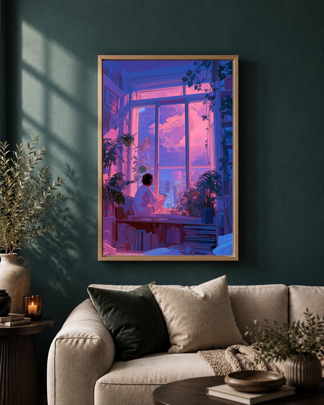 Lo-Fi Vaporwave Anime Inspired Neon City Window Framed Canvas by The Wall Art Studio - physical