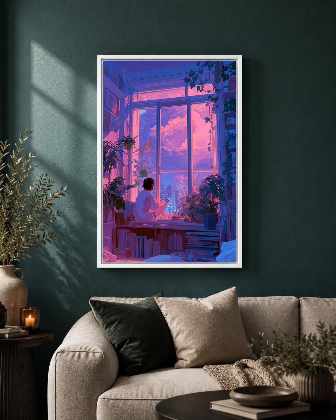 Lo-Fi Vaporwave Anime Inspired Neon City Window Framed Canvas by The Wall Art Studio - physical