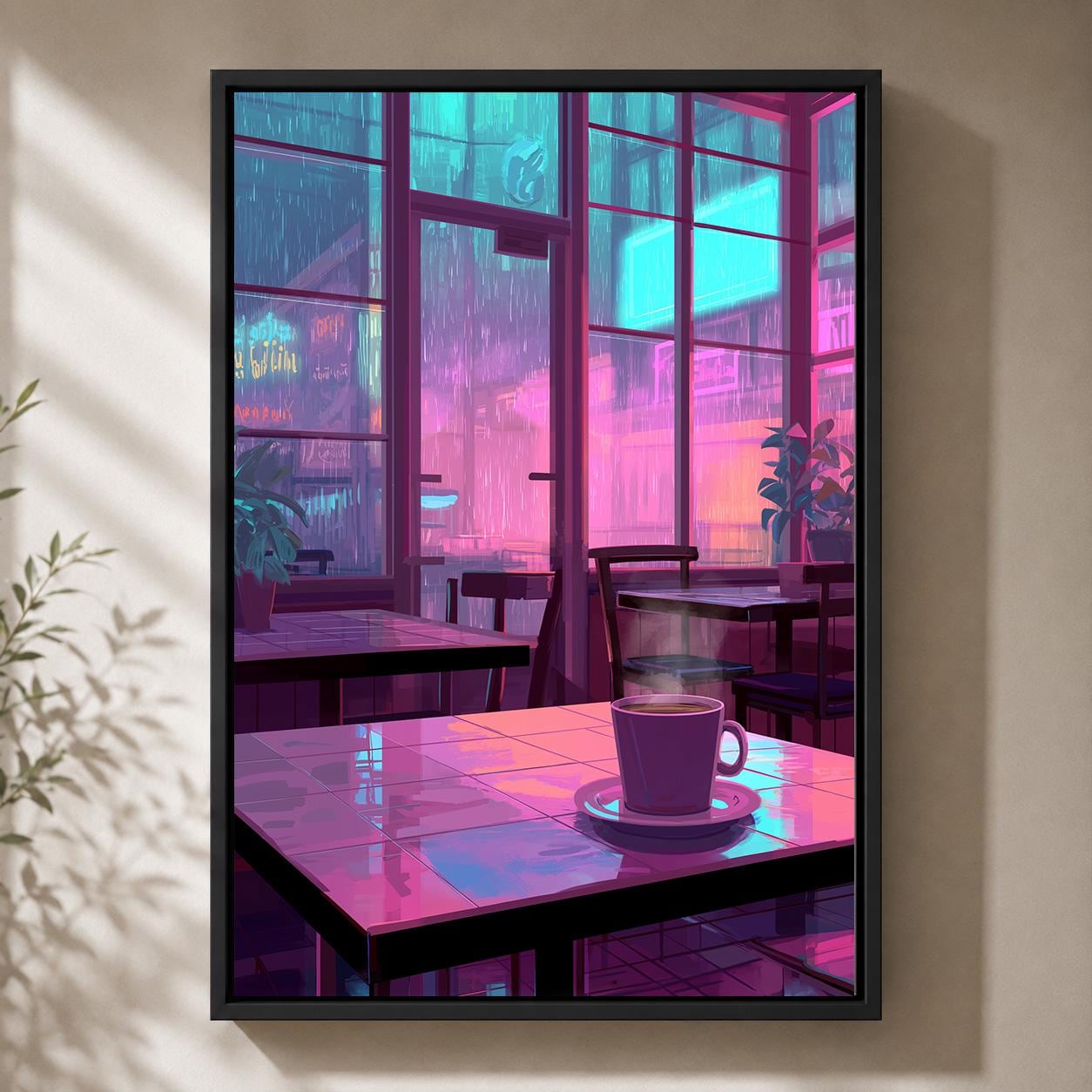 Lo-Fi Coffee Shop Neon Rainy Night Vaporwave Cafe Framed Canvas by The Wall Art Studio - physical