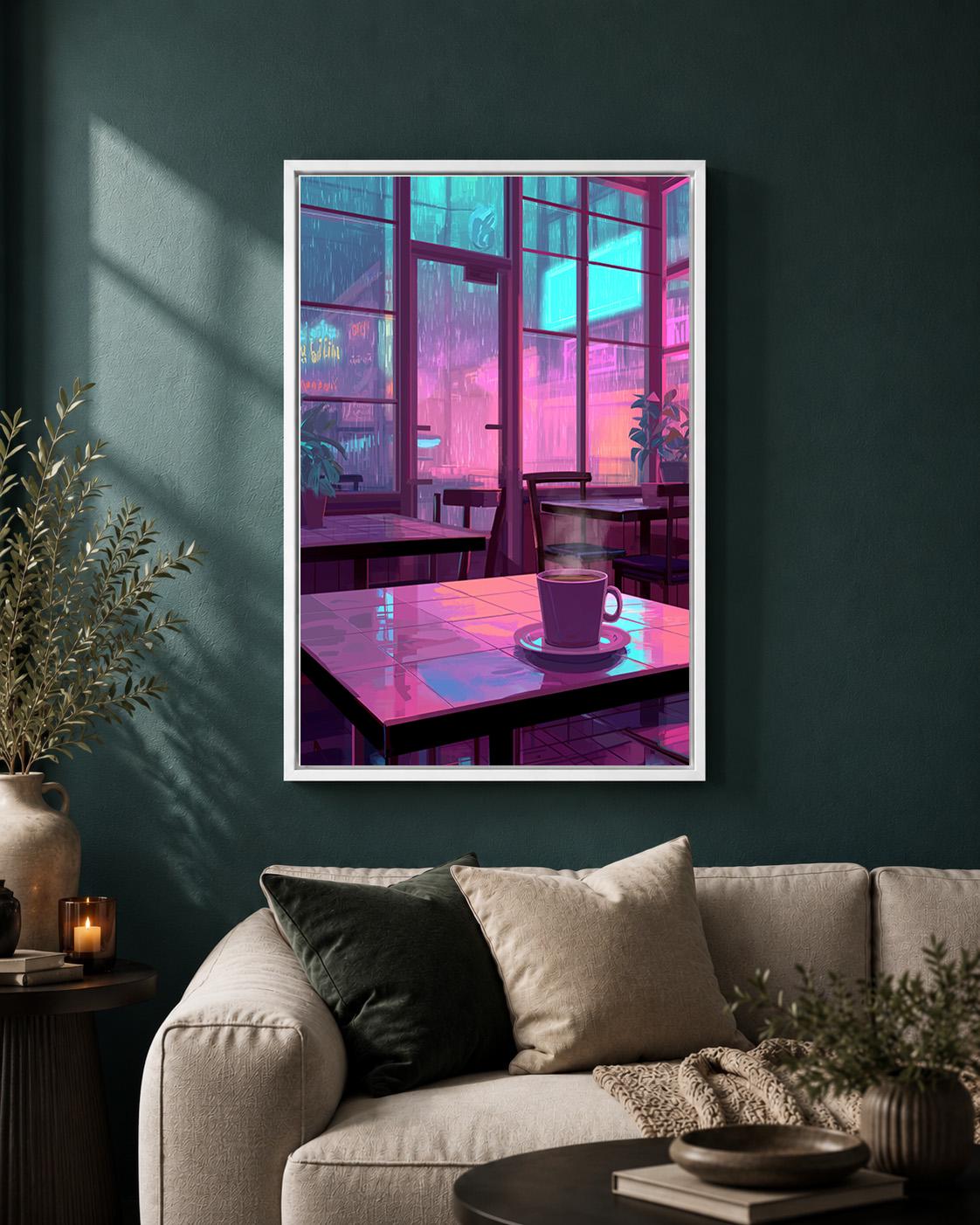 Lo-Fi Coffee Shop Neon Rainy Night Vaporwave Cafe Framed Canvas by The Wall Art Studio - physical