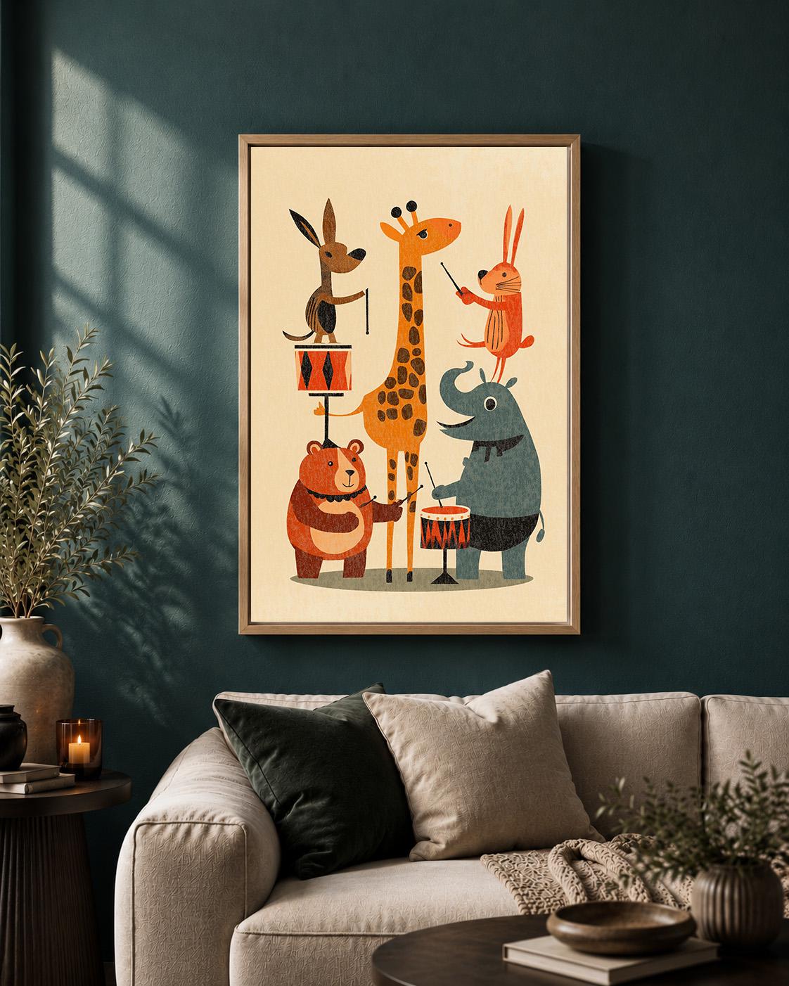 Animal Band Retro Kids Room Mid Century Nursery Framed Canvas by The Wall Art Studio - physical