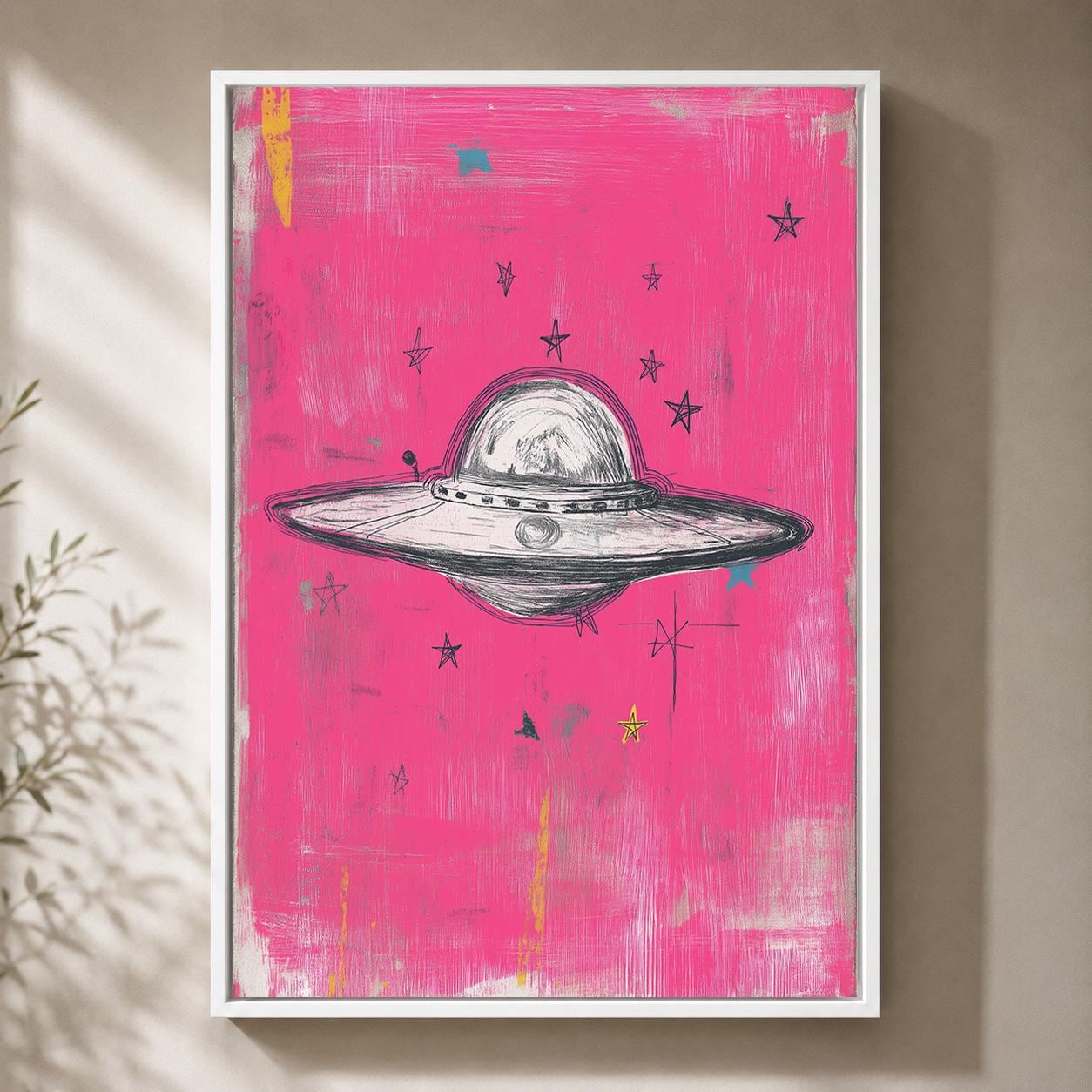 UFO Pink Retro Sci Fi Flying Saucer Mixed Media Celestial Framed Canvas by The Wall Art Studio - physical