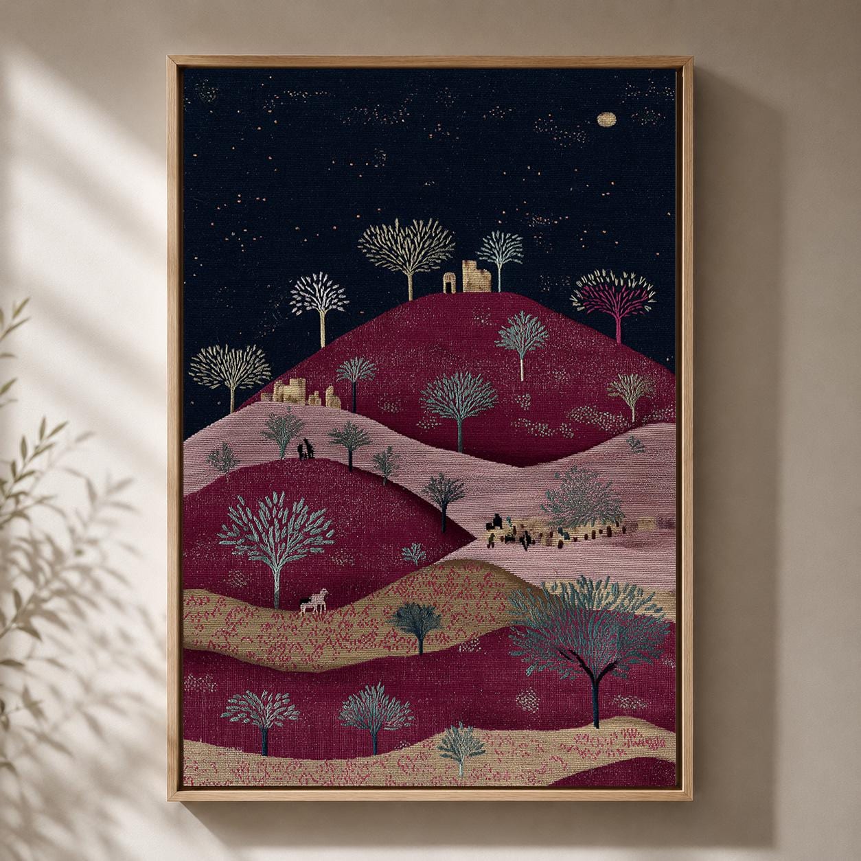 Palestinian Landscape Embroidered Folk Art Hills Framed Canvas by The Wall Art Studio - physical