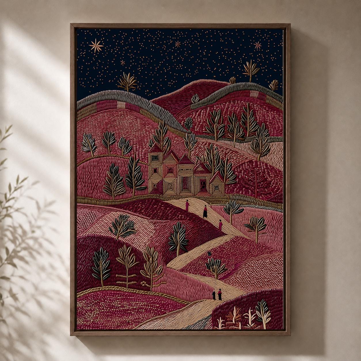 Palestinian Landscape Embroidered Effect Folk Art Olive Tree Framed Canvas by The Wall Art Studio - physical