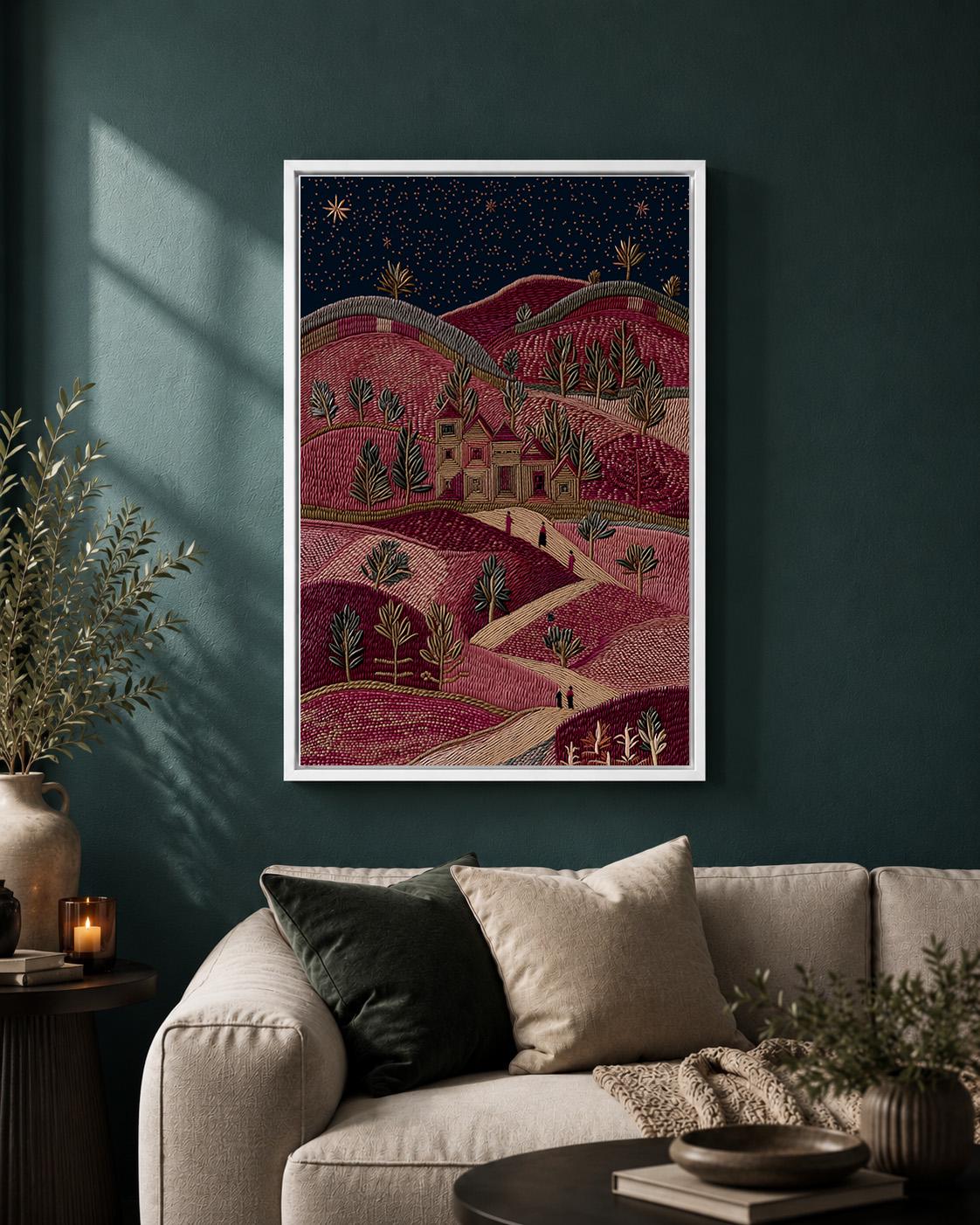 Palestinian Landscape Embroidered Effect Folk Art Olive Tree Framed Canvas by The Wall Art Studio - physical