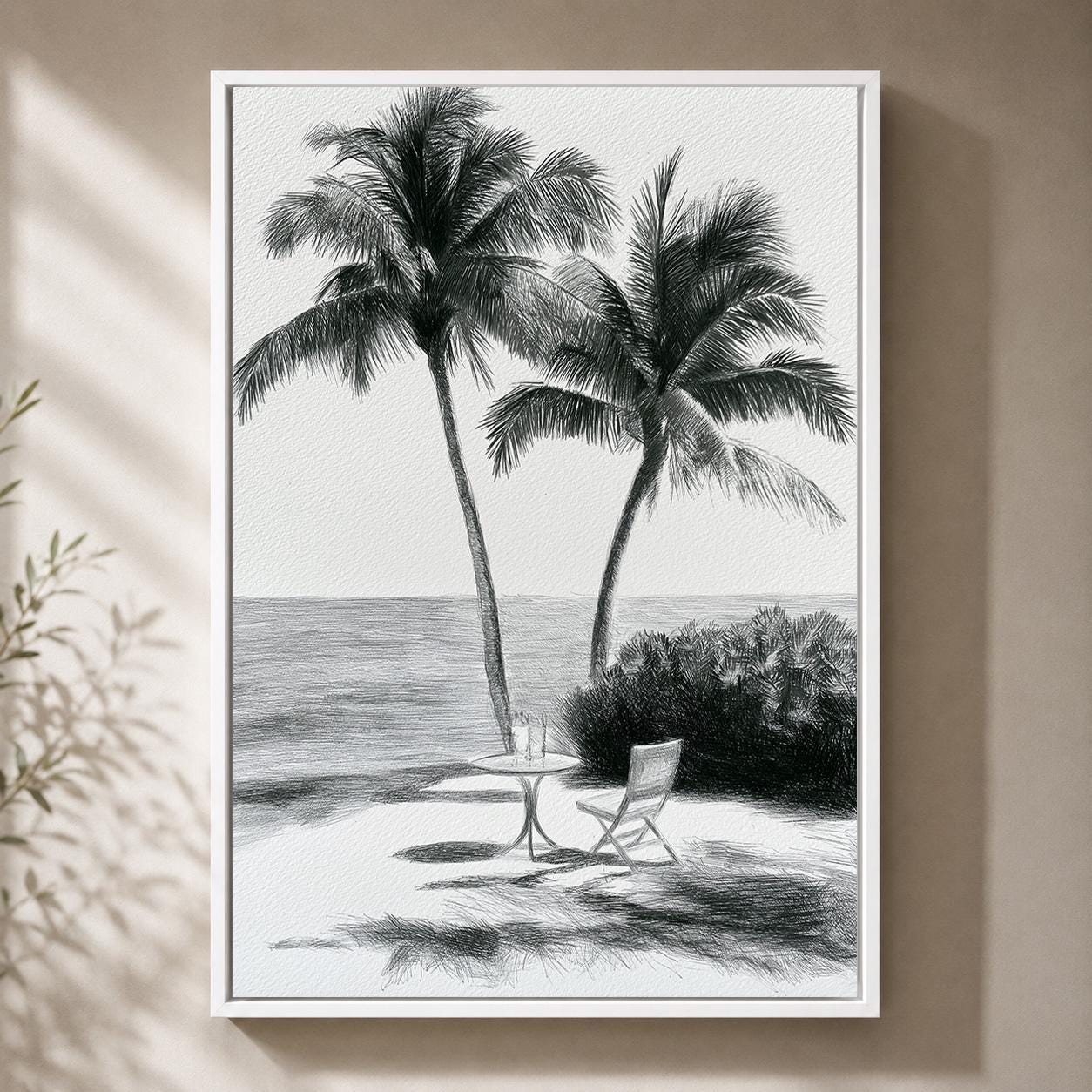 Black and White Palm Tree Sketch Tropical Beach Framed Canvas by The Wall Art Studio - physical