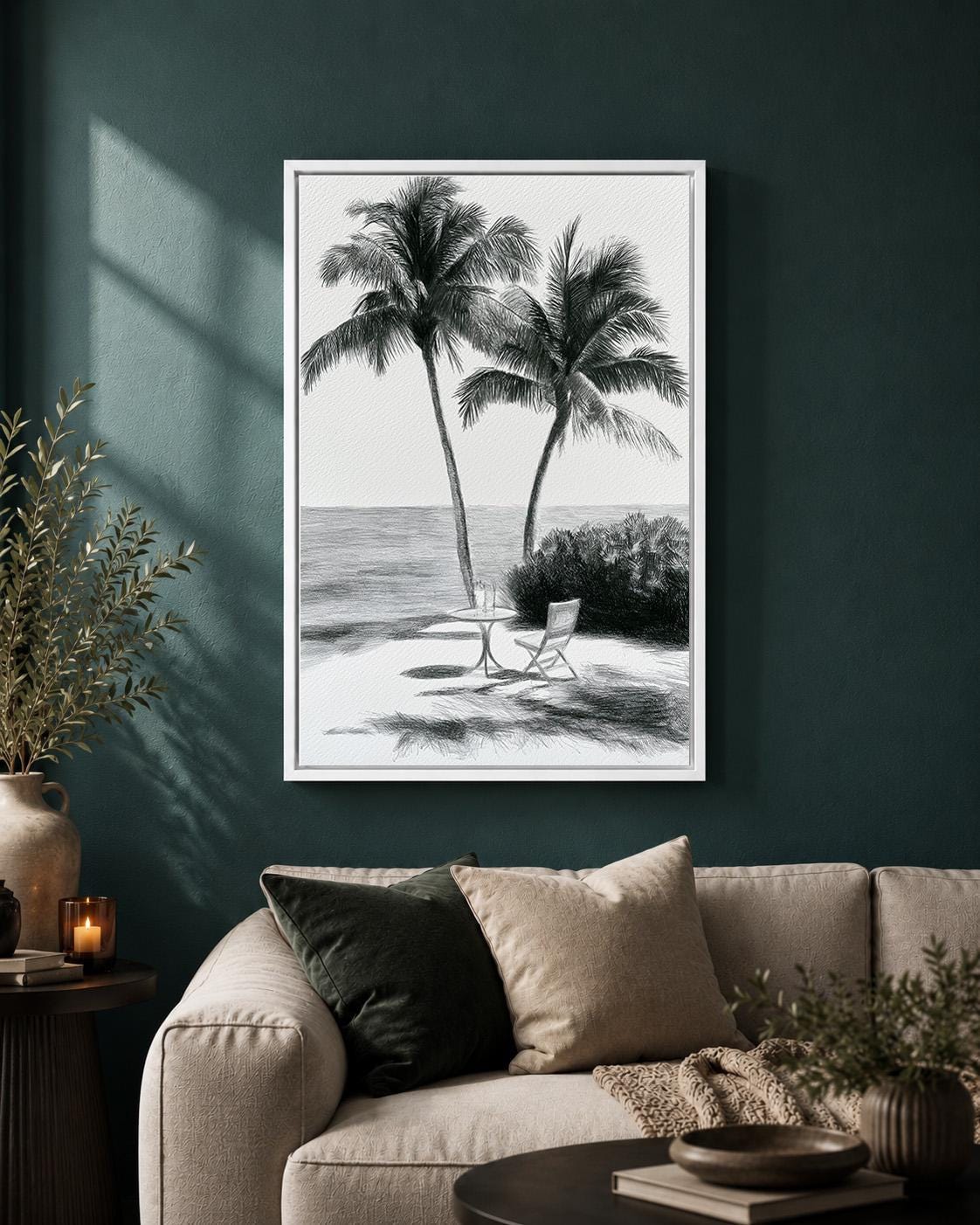 Black and White Palm Tree Sketch Tropical Beach Framed Canvas by The Wall Art Studio - physical
