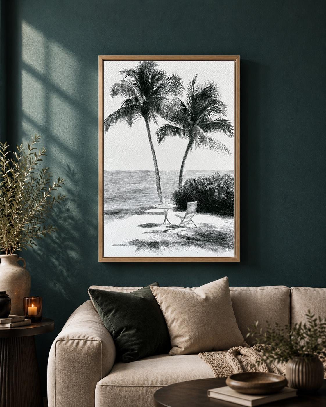 Black and White Palm Tree Sketch Tropical Beach Framed Canvas by The Wall Art Studio - physical