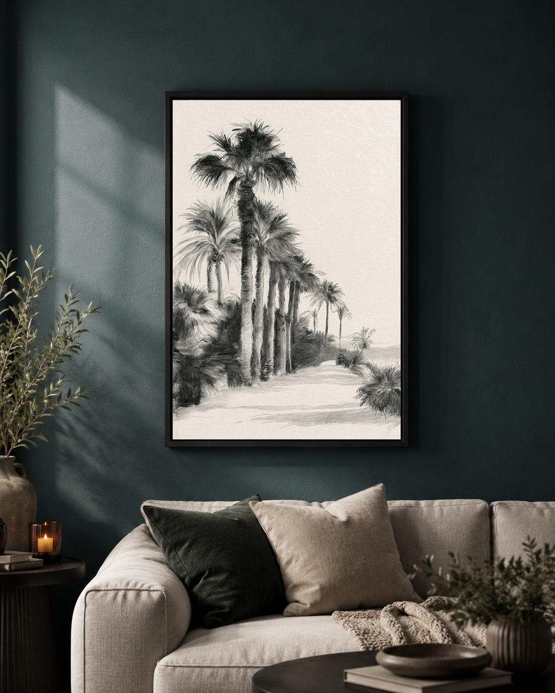 Black and White Palm Tree Tropical Beach Minimalist Seaside Framed Canvas by The Wall Art Studio - physical