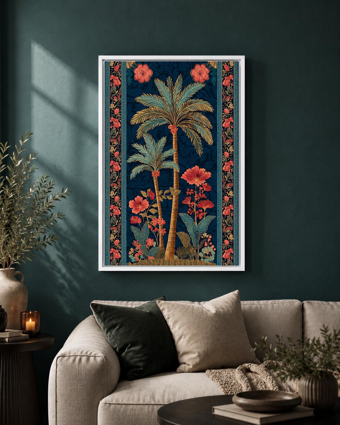 Tropical Palm Tree Floral Botanical Dark Blue and Coral Maximalist Framed Canvas by The Wall Art Studio - physical