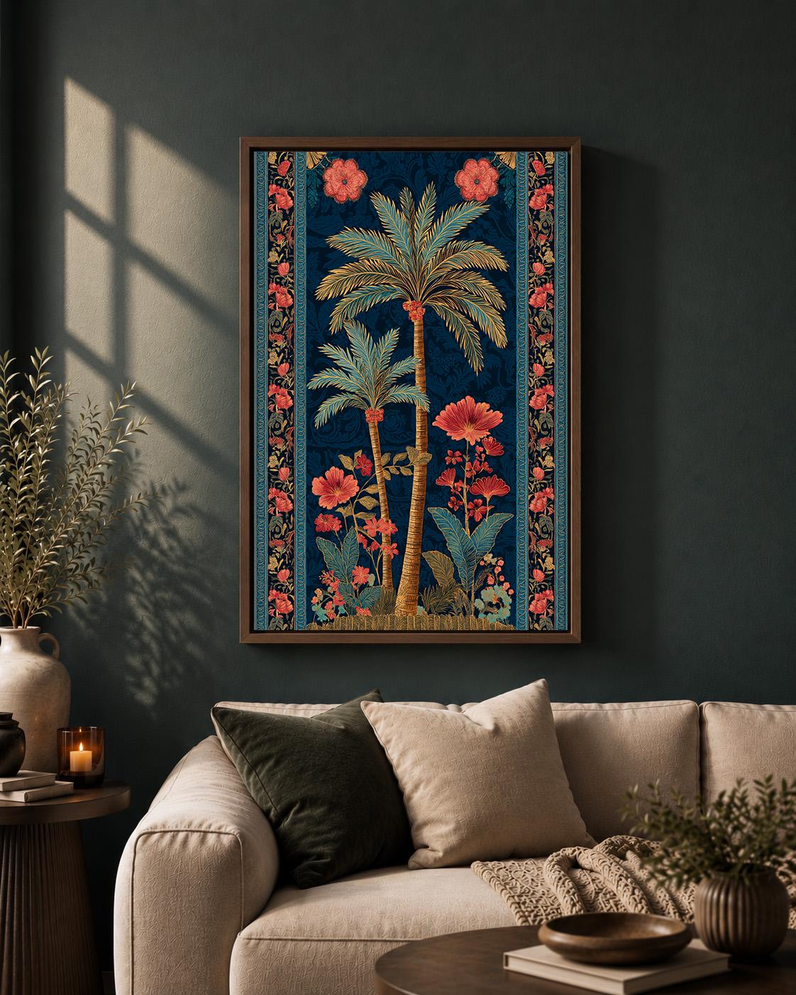 Tropical Palm Tree Floral Botanical Dark Blue and Coral Maximalist Framed Canvas by The Wall Art Studio - physical