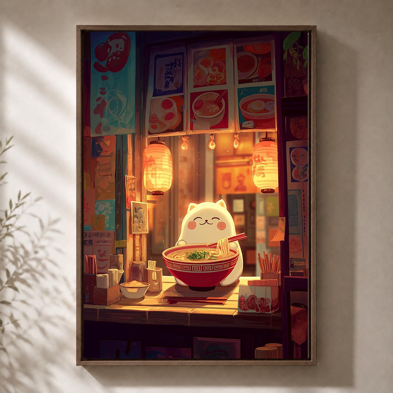 Cute Ramen Cat Kawaii Japanese Noodle Shop Anime Wall Art by The Wall Art Studio
