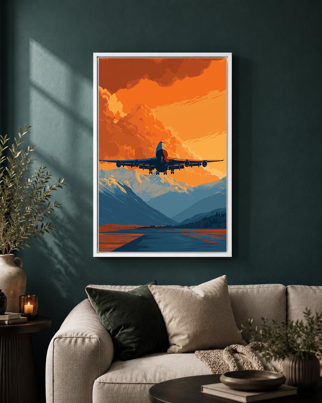 Airplane Orange Sunset Mountain Travel Retro Plane Framed Canvas by The Wall Art Studio - physical
