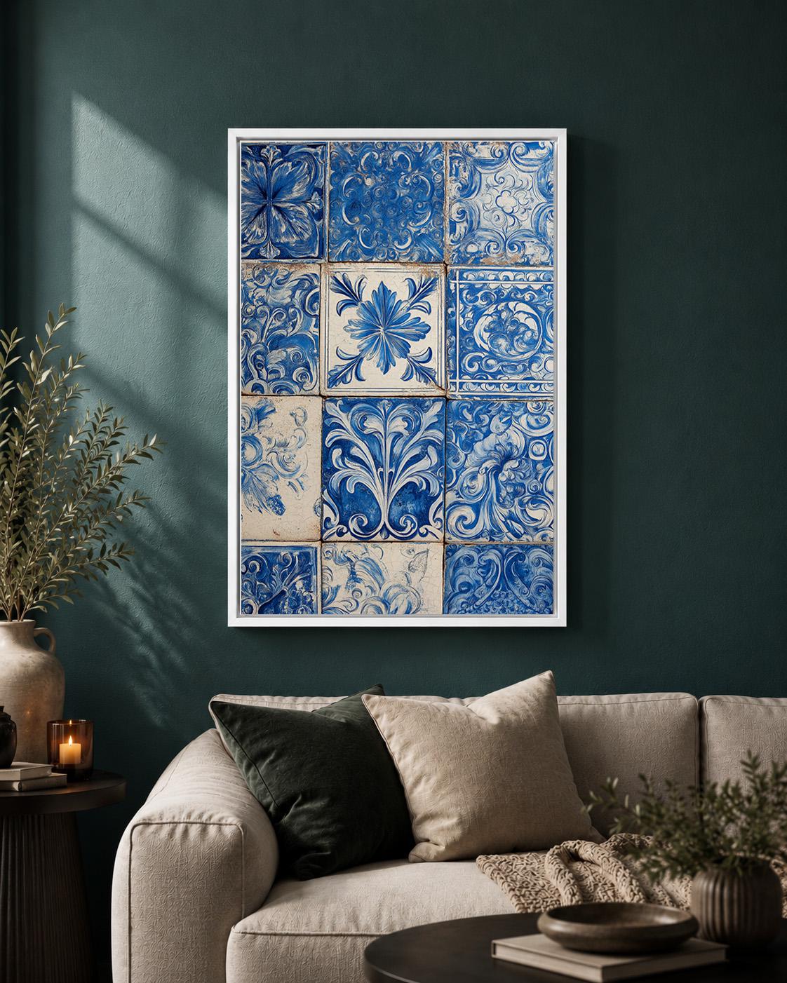 Blue Portuguese Tile Azulejo Ceramic Pattern Framed Canvas by The Wall Art Studio
