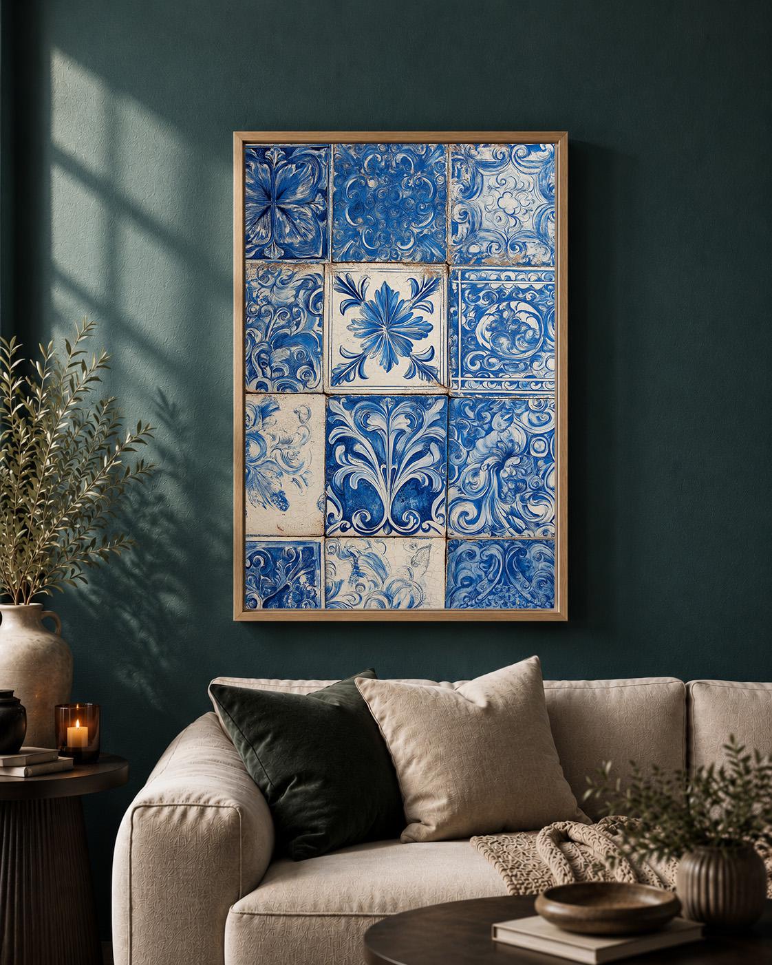 Blue Portuguese Tile Azulejo Ceramic Pattern Framed Canvas by The Wall Art Studio