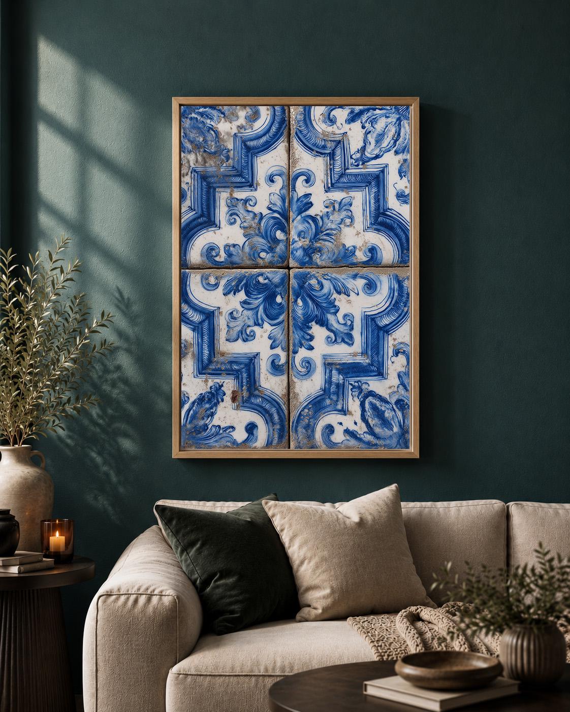 Portuguese Azulejo Blue Ceramic Tile Mediterranean Framed Canvas by The Wall Art Studio