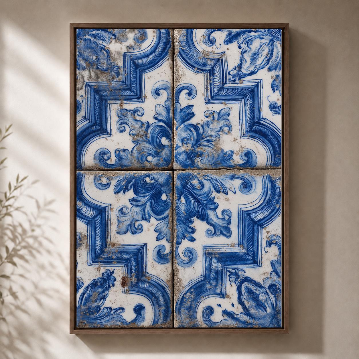 Portuguese Azulejo Blue Ceramic Tile Mediterranean Framed Canvas by The Wall Art Studio