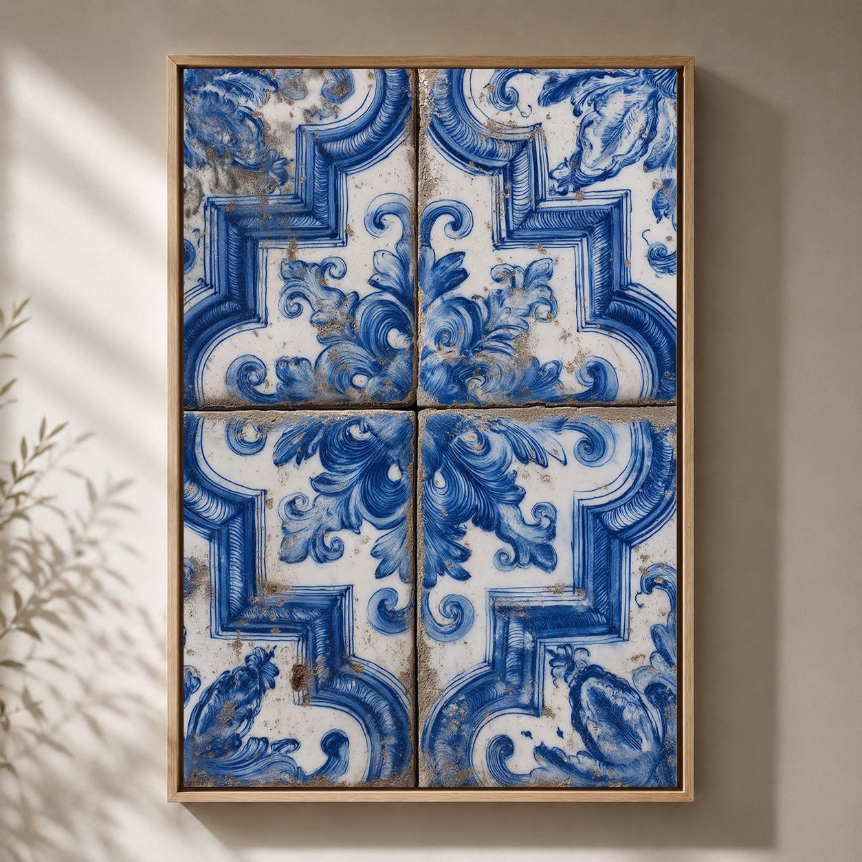Portuguese Azulejo Blue Ceramic Tile Mediterranean Framed Canvas by The Wall Art Studio
