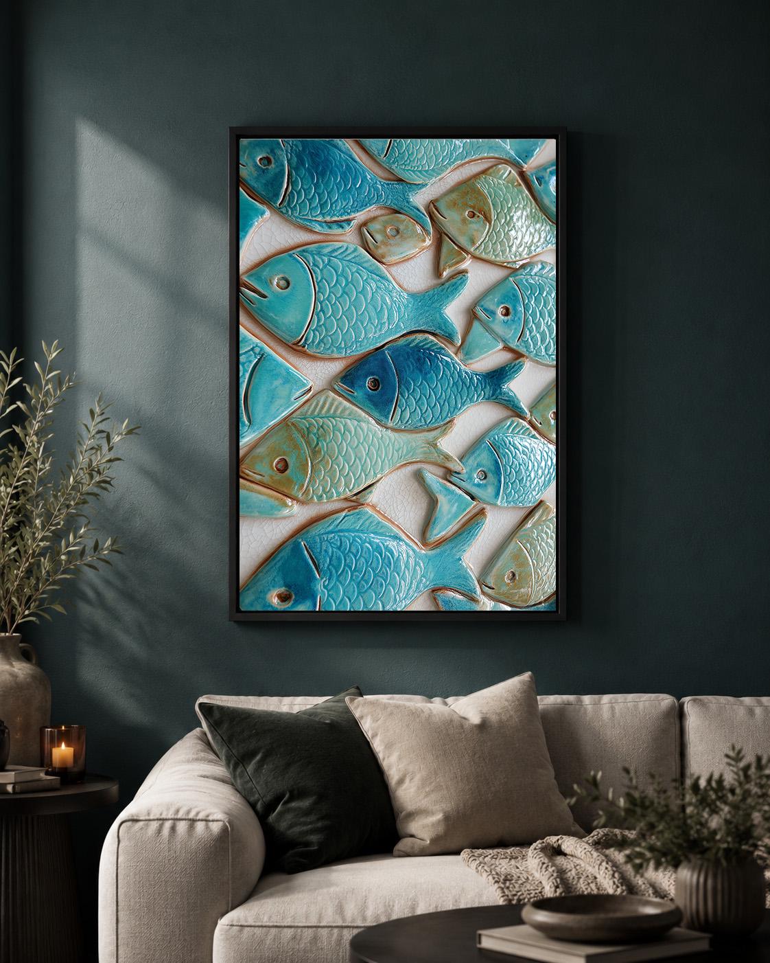 Coastal Fish Ceramic Tile Mediterranean Beach House Framed Canvas by The Wall Art Studio