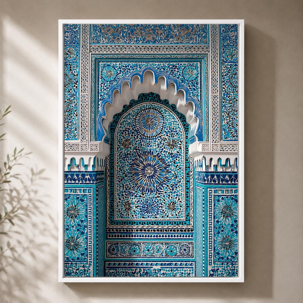 Moroccan Mosaic Arch Blue Islamic Tile Framed Canvas by The Wall Art Studio