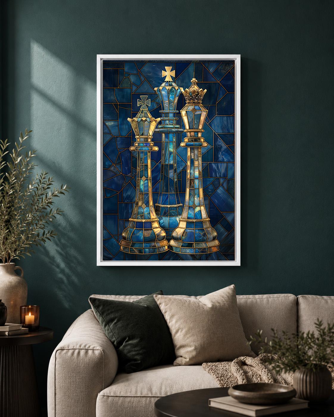 Blue Stained Glass Chess King & Queen Framed Canvas by The Wall Art Studio