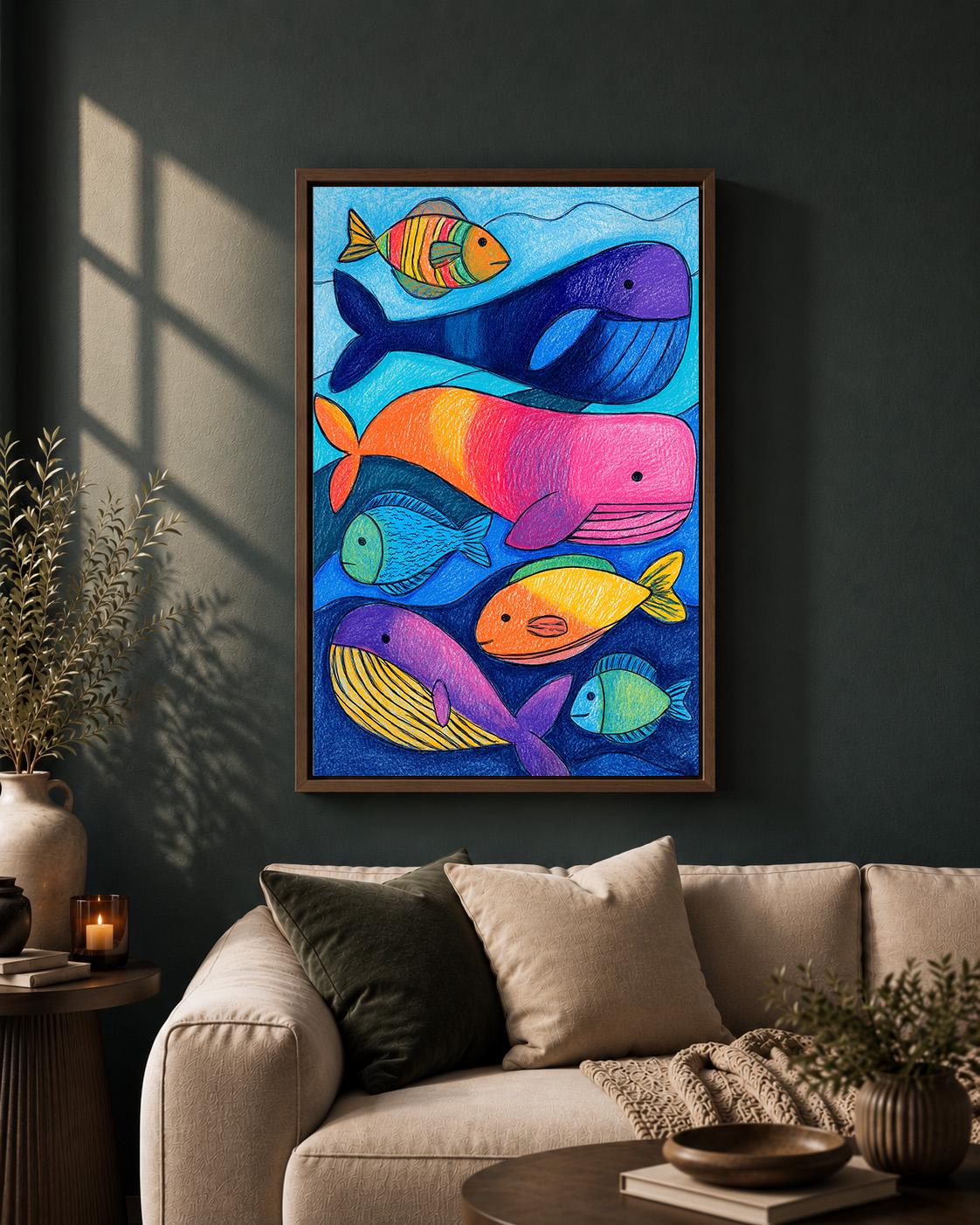 Colorful Whale and Fish Ocean Nursery Playroom Framed Canvas by The Wall Art Studio
