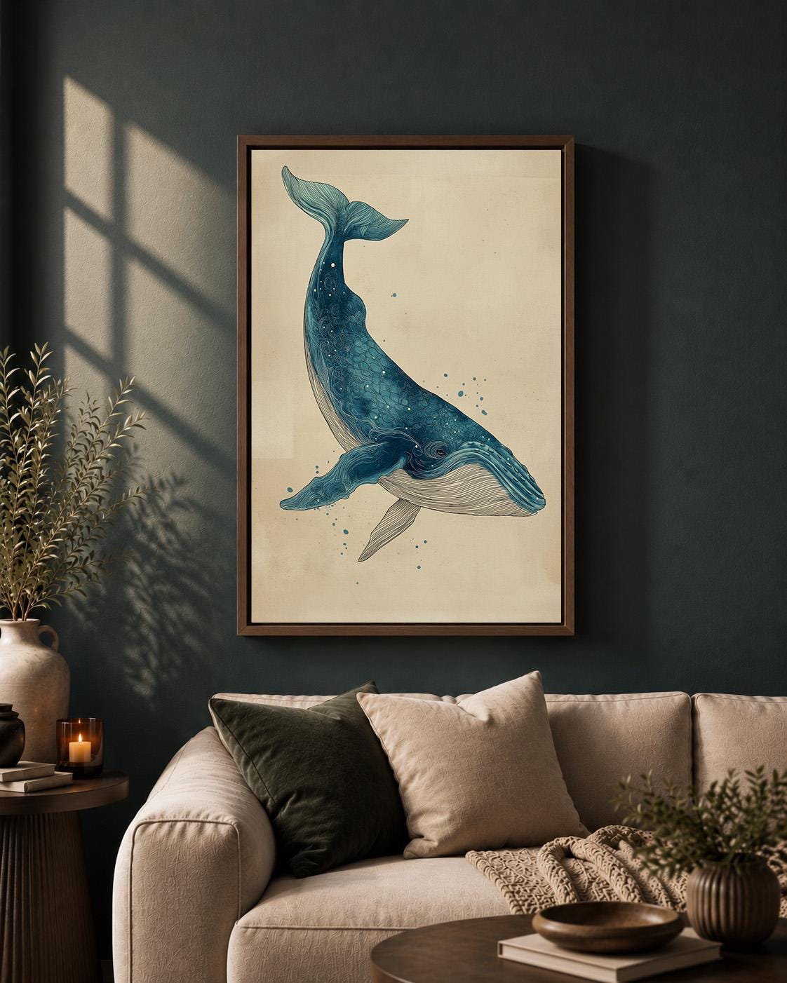 Blue Whale Coastal Nautical Ocean Framed Canvas by The Wall Art Studio