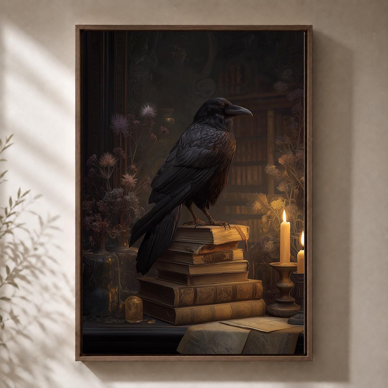 Raven Dark Academia Gothic Crow Library Framed Canvas by The Wall Art Studio - physical