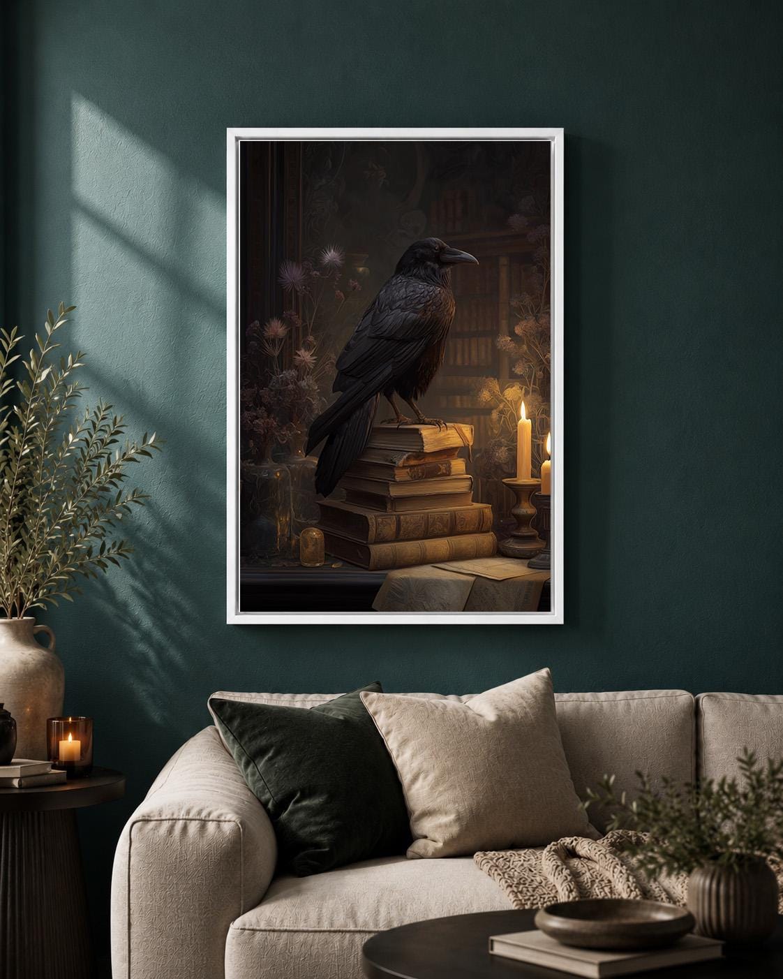 Raven Dark Academia Gothic Crow Library Framed Canvas by The Wall Art Studio - physical